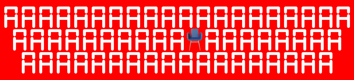 Un conjunt de lletres A de color blanc formant un pati de butaques de teatre, amb una butaca blava al centre