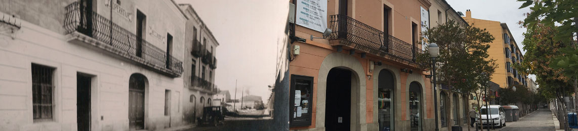 A l'esquerra de la imatge, fotografia en blanc i negre de la façana del Teatre de l'Aurora a principis del segle vint. A la dreta de la imatge, fotografia en color de la façana del Teatre de l'Aurora a l'actualitat