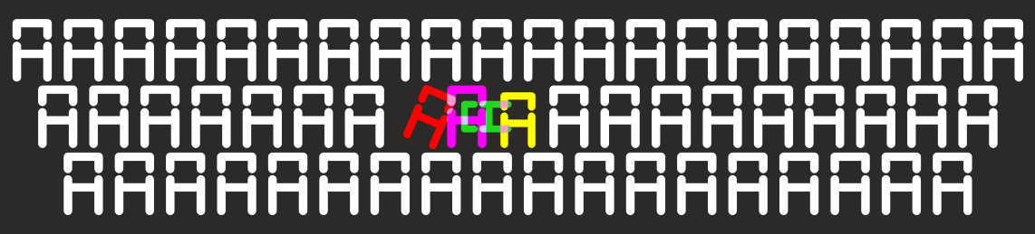 Un conjunt de lletres A de color blanc formant un pati de butaques de teatre, amb algunes A de diversos colors i tamanys al centre