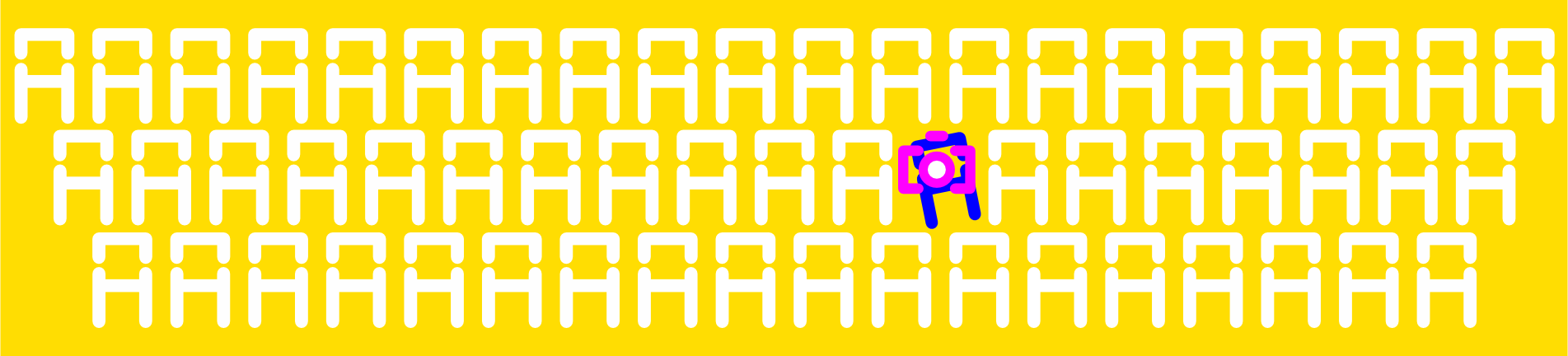 Tres files de lletres A blanques, logotip del Teatre de l'Aurora, posades unes a costat de les altres com si fossin les butaques d'un teatre, sobre un fons groc. Al mig hi ha una lletra A blava amb una càmera de fer fotos